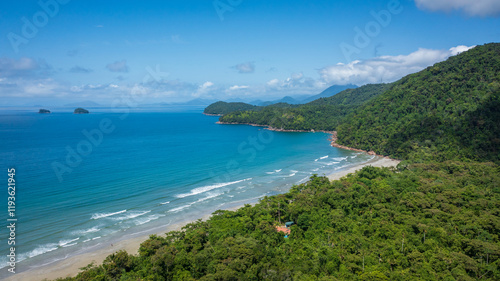 Beautiful aerial view of a preserved area, Fazenda Beach, within the Serra do Mar State Park, a destination for sustainable and ecological tourism in Atlantic Rainforest, between Montains and Sea. photo