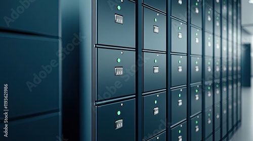 Close-up view of a white metal locker featuring numbered compartments with green dots, highlighting modern design and functionality. photo