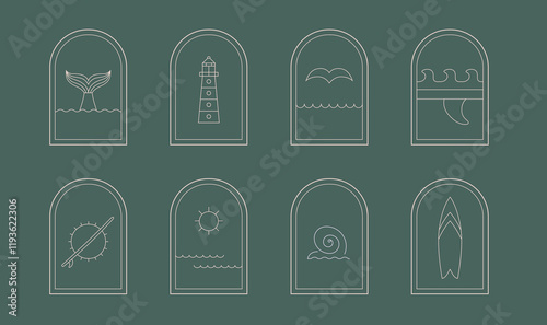 Retro style, bohemian linear ocean badge, icon, design. Simple geometric surf textile, camp, resort template, design frame