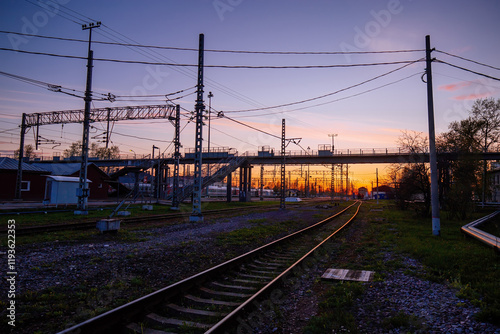Sunset at railway station in Small Vishera, Leningrad oblast photo