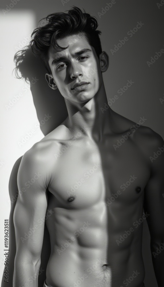 This captivating black-and-white image features a young man with a chiseled physique, standing against a softly lit wall. The interplay of light and shadow accentuates his defined muscles and strong This captivating black-and-white image features a young man with a chiseled physique, standing against a softly lit wall. The interplay of light and shadow accentuates his defined muscles and strong