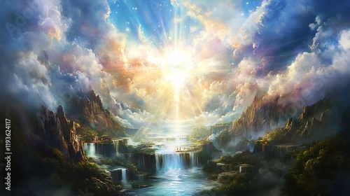 Spiritual journey visualized glowing pathways holy landmarks and celestial light guiding seekers toward divine wisdom photo