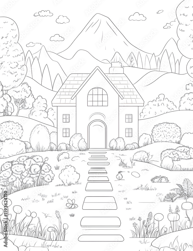 Obraz premium Charming house nestled in a picturesque mountain landscape. Stone pathway leads to the entrance, surrounded by lush greenery.