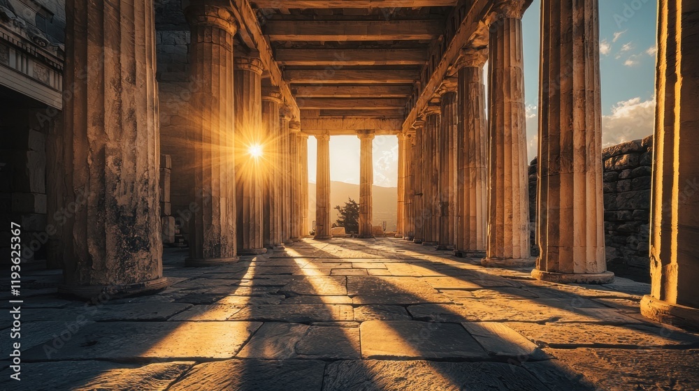 Fototapeta premium Sunset illuminating ancient Greek temple ruins.