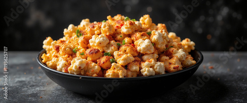 Delicious bowl of spiced popcorn piled high, inviting and flavorful, perfect for snacking during movie nights or parties against a dark, textured background