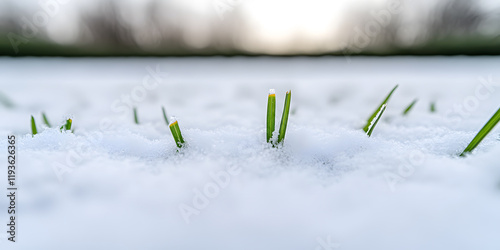 Green grass blades emerge from a blanket of fresh snow, a symbol of resilience and the promise of spring. photo