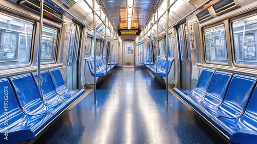 Empty subway car with blue seats and bright lighting.