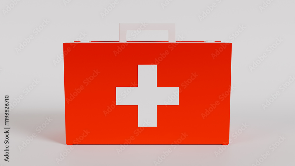 Obraz premium 3d rendering of a bright red first aid kit with a white cross, isolated on a clean white background. Ideal for illustrating themes of health, emergency preparedness, safety and medical assistance. 