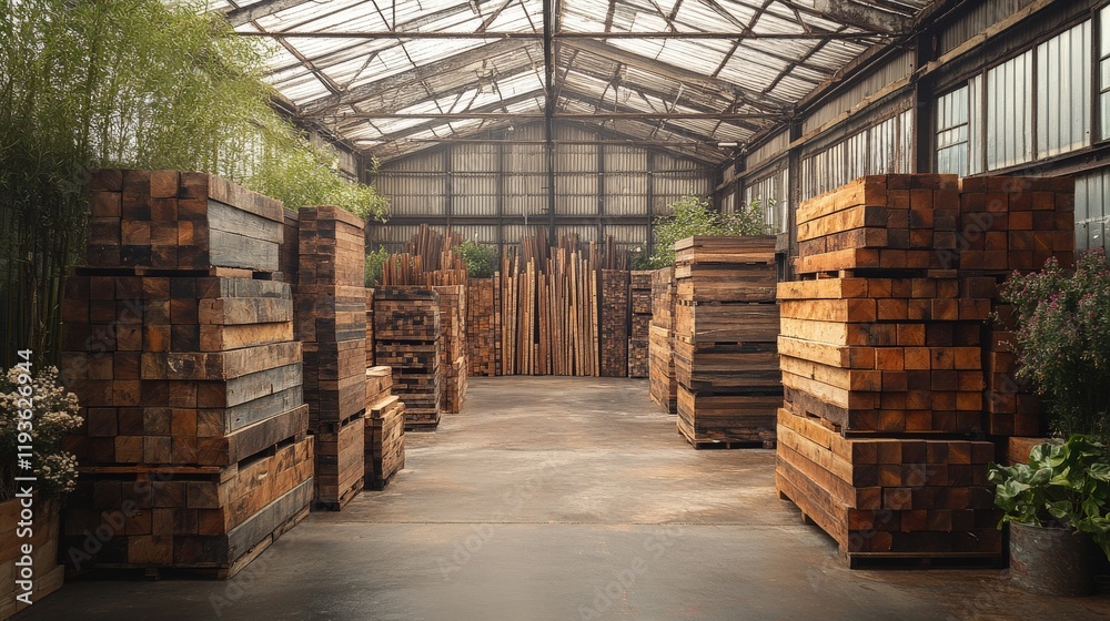 Rustic Warehouse with Stacked Wooden Planks Surrounded by Greenery in a Large Industrial Space Ideal for Creative Projects or Backgrounds