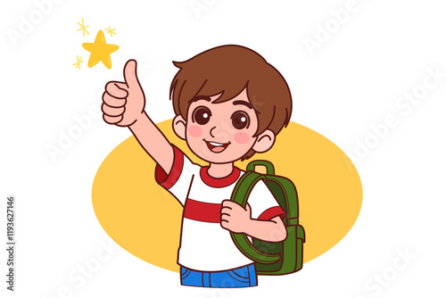 A schoolboy raise thumb up give feedback. Cartoon People Vector Illustration.