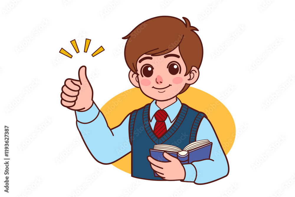 A student holding a book in one hand and raising a thumb up with the other hand. A student holding a book in one hand and raising a thumb up with the other hand.