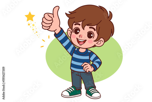 Like, yes. Toddler young teen boy raises thumbs up agrees with something or gives positive reply recommends advertisement likes good.