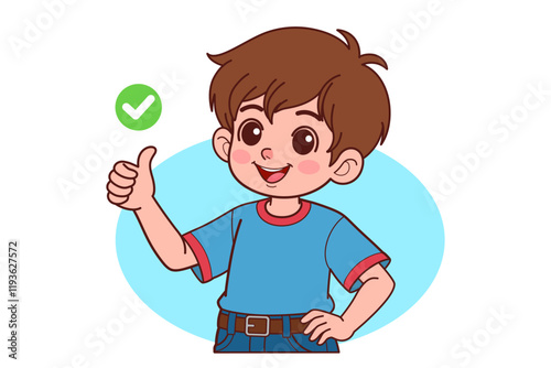 reply recommends advertisement likes good.
The young boy smiling and raising thumb up. Cartoon People Vector Illustration.