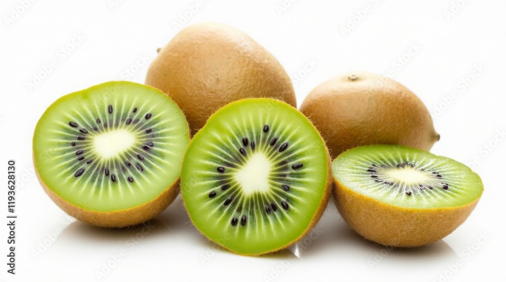 several whole and halved kiwifruits. The whole kiwifruits have brown, fuzzy skin, while the halved kiwifruits reveal a vibrant green interior with a white centre and small black seeds arranged. several whole and halved kiwifruits. The whole kiwifruits have brown, fuzzy skin, while the halved kiwifruits reveal a vibrant green interior with a white centre and small black seeds arranged.