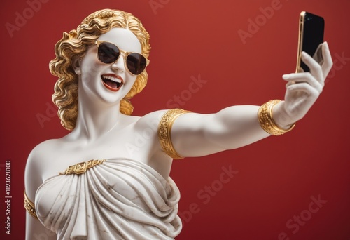 A marble statue of the goddess Venus, wearing sunglasses and taking selfies with her phone