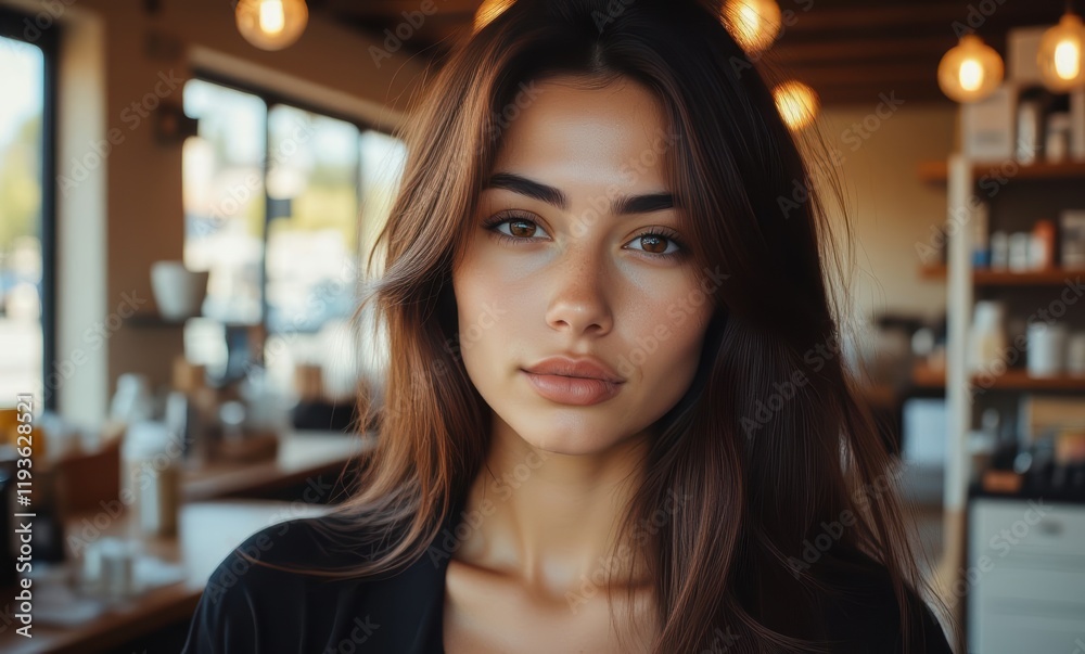 Elegant woman in modern café setting Elegant woman in modern café setting