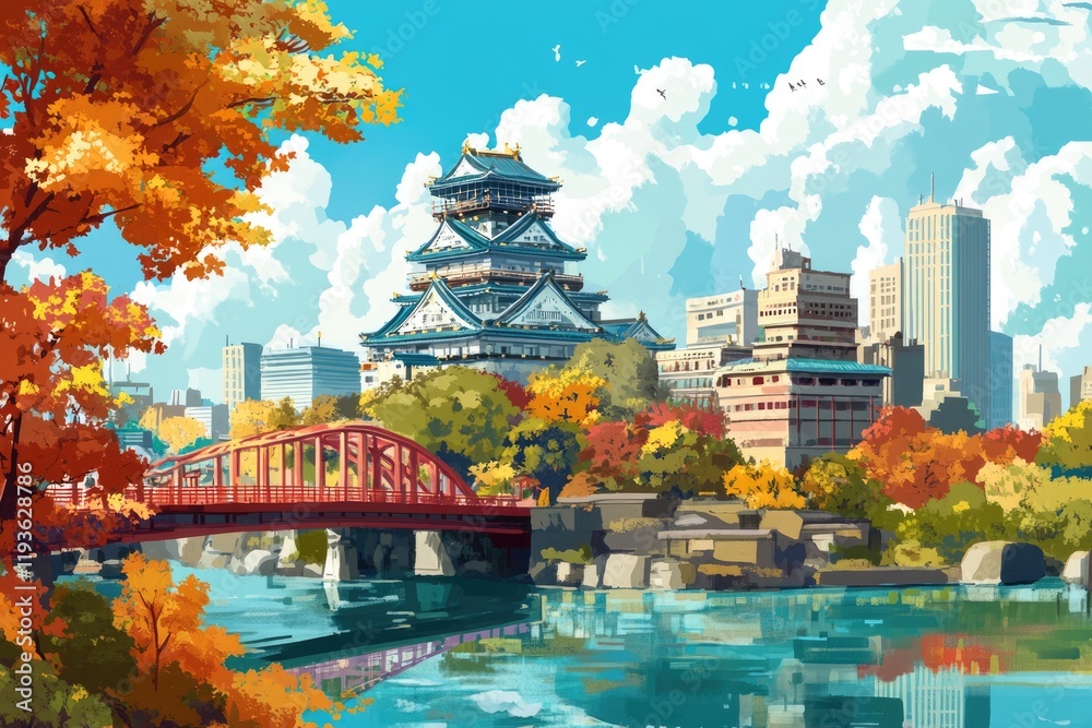 Fototapeta premium Osaka, Japan Skyline: A Captivating Blend of Architecture and Autumn Vibes in the Bustling City Landscape