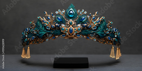 Ornate jeweled crown with teal and blue gemstones, gold accents, and tassels.  A regal headpiece.