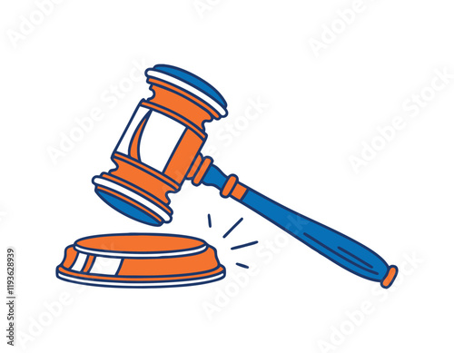 illustration of a judge's gavel striking a sound block, symbolizing justice and legal proceedings, in vibrant orange and blue colors.