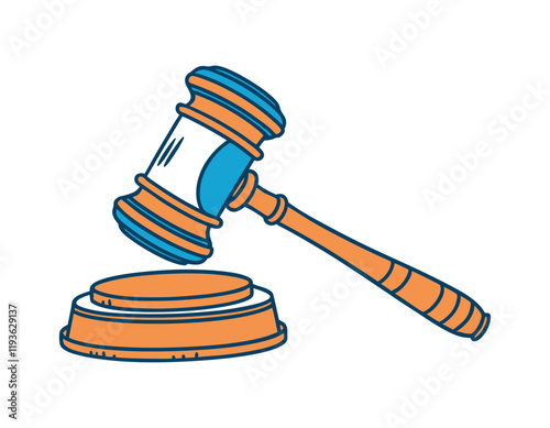 colorful drawing of a gavel hitting a sound block, representing law, order, and judicial authority, with a dynamic and engaging design.