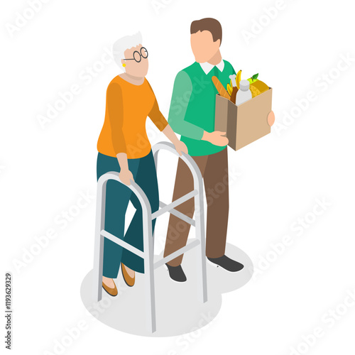 3D Isometric Flat Vector Illustration of Elderly People, Senior Care, Volunteering. Item 3