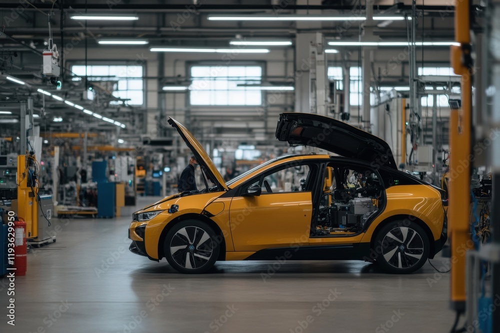 Obraz premium Car repair process underway in a modern automotive manufacturing facility