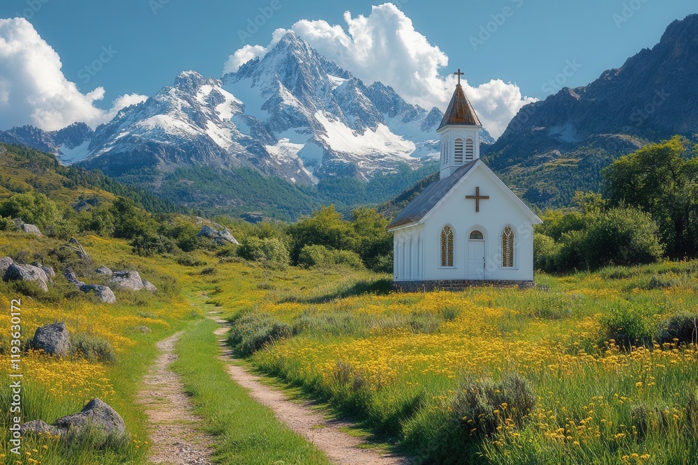 peaceful chapel nestled in majestic mountains under a clear blue sky creating a serene and picturesque scene capturing the essence of faith and nature in perfect harmony