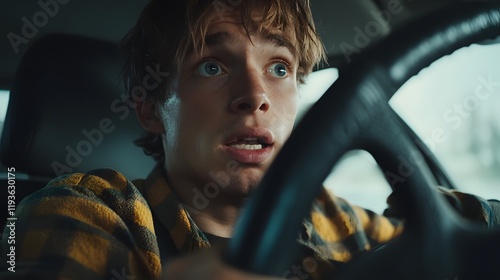 Young Man Driving Car Showing Shock and Surprise