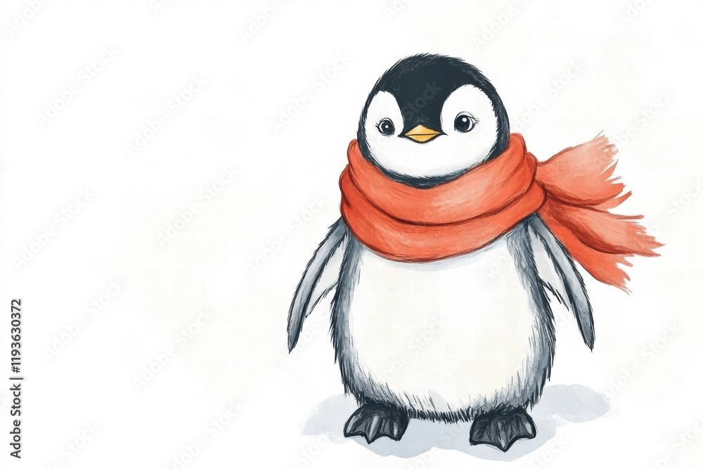 Fototapeta premium Cute illustrated penguin wearing a vibrant orange scarf standing against a plain background in a winter theme. Generative AI