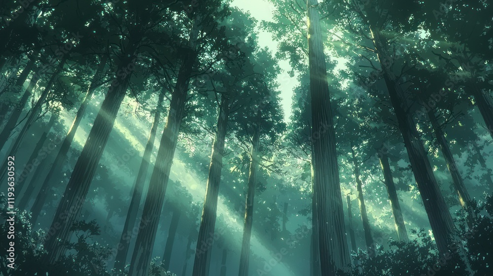 Sunbeams pierce through dense forest canopy. Sunbeams pierce through dense forest canopy.