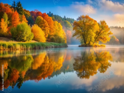 Wallpaper Mural Misty Autumn Morning: Kyiv River Forest Reflection Torontodigital.ca