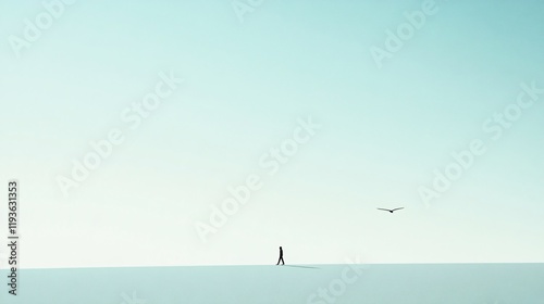 A solitary figure strides along a horizon line under an expansive sky, representing themes of freedom, hope, and exploration in a serene landscape. photo