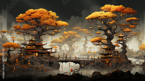 Enchanted Autumn Village by a Misty River