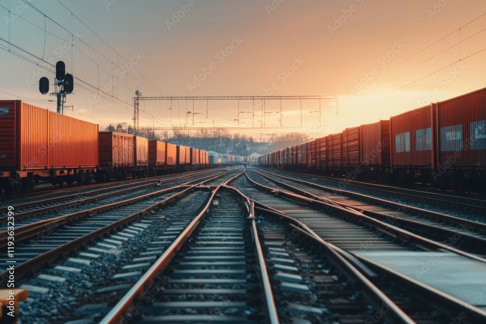 Network of commodity exchanges connecting freight trains during sunset in a railway yard Network of commodity exchanges connecting freight trains during sunset in a railway yard