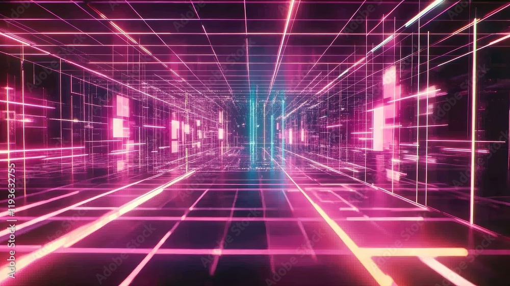 Quantum computer chips emitting neon lights, surrounded by a digital grid pattern Quantum computer chips emitting neon lights, surrounded by a digital grid pattern