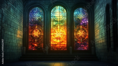 Celestial depiction of sacred geometry stained glass windows glowing in a sacred place
