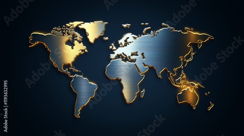 World Map with Metallic Silver and Gold Landmasses Reflecting Light Against a Dark Navy Blue Background for a  Polished Three-Dimensional Effect