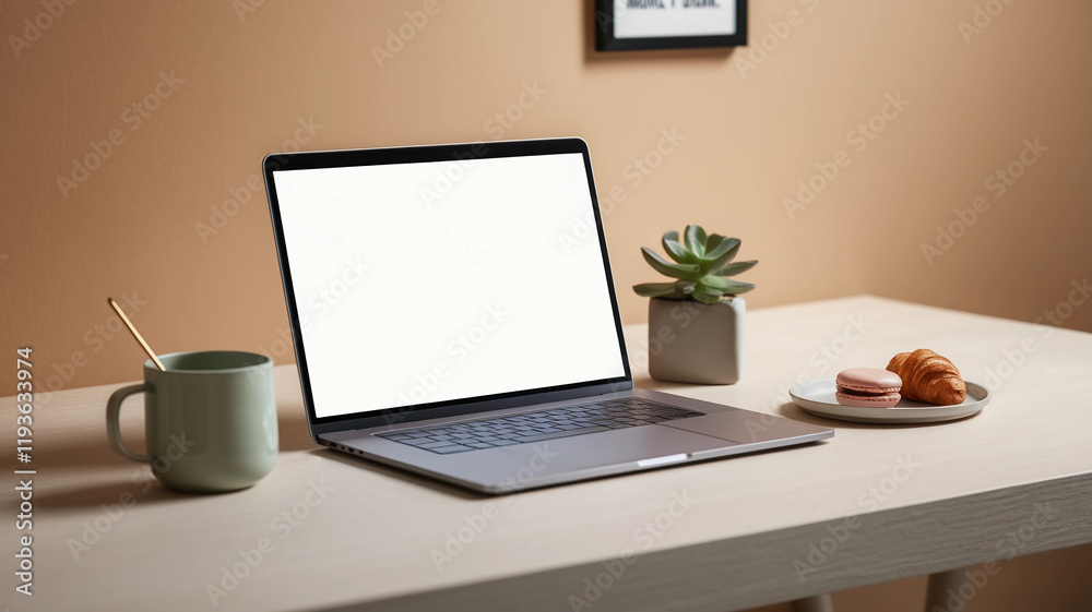 Minimalist Workspace with Laptop, Snacks, and Coffee Mug in Modern Desk Setup Minimalist Workspace with Laptop, Snacks, and Coffee Mug in Modern Desk Setup