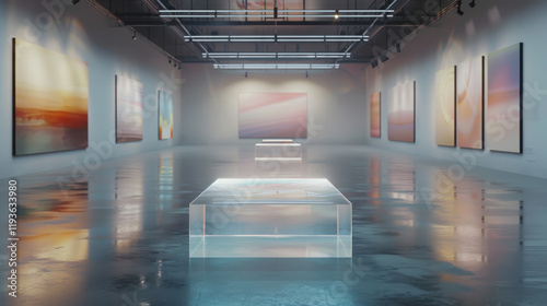 Glass Podium Glowing Softly in Art Gallery, A contemporary glass podium illuminated by gallery lights, set against abstract art pieces in a modern gallery.