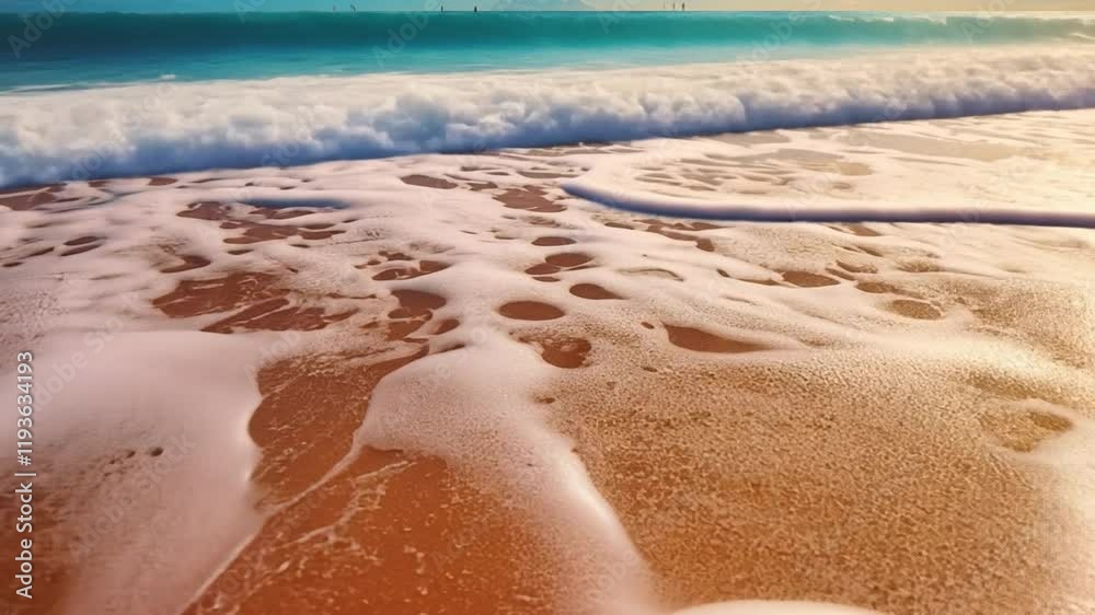 Seashells & Sand: A  close up of foamy wave receding on a golden sandy beach with warm  sun light. The wave leaving beautiful intricate patterns on the sand. The scene is bathed in a soft.