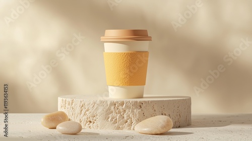 Yellow Paper Cup with Apricot Lid on Smooth Limestone Platform, with Asymmetrical Apricot Stones and Gradient Background for a Vibrant Composition photo