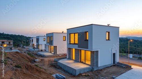 Wallpaper Mural Modern homes in a serene landscape at sunset, showcasing clean lines and large windows, set against a backdrop of nature. Torontodigital.ca