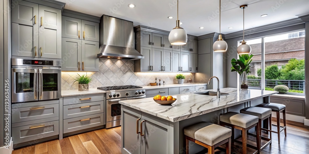 Modern Grey Kitchen with Marble Backsplash - Luxury Interior Design Stock Photo Modern Grey Kitchen with Marble Backsplash - Luxury Interior Design Stock Photo