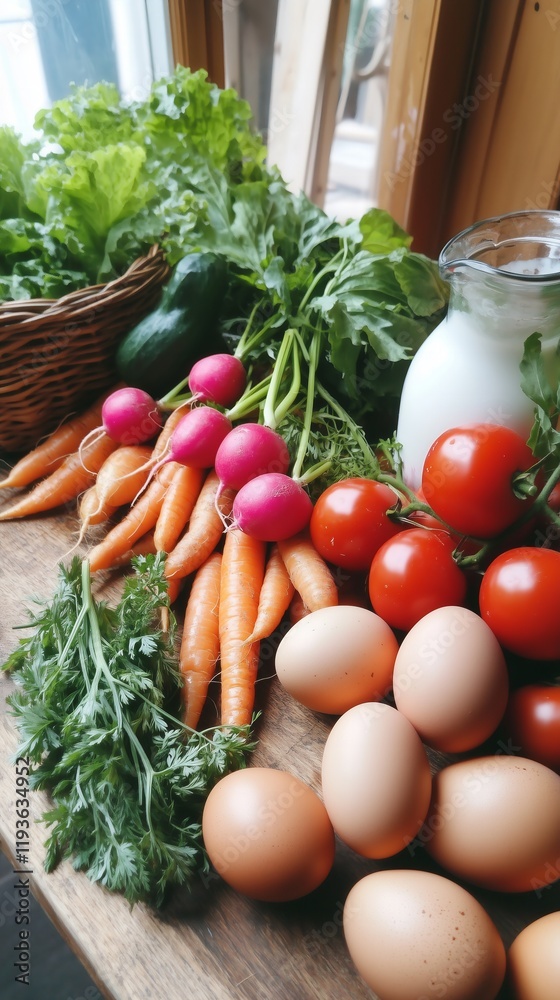 Fototapeta premium A rustic arrangement of freshly harvested local farm produce displayed on a weathered wooden table.