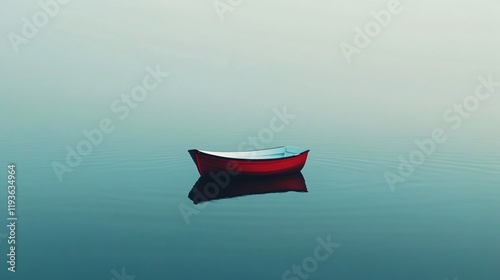 A lone red boat drifts peacefully on the undisturbed and glossy water surface, reflecting a mood of serenity and introspection in the minimalist composition. photo