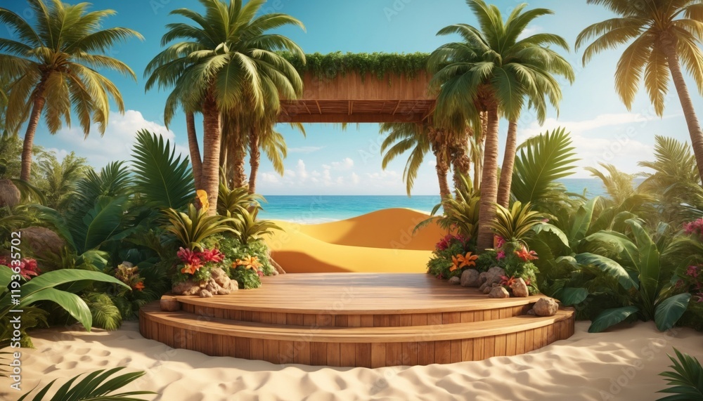 Fototapeta premium 3D Tropical product placement podium stage with summer beach palm tree