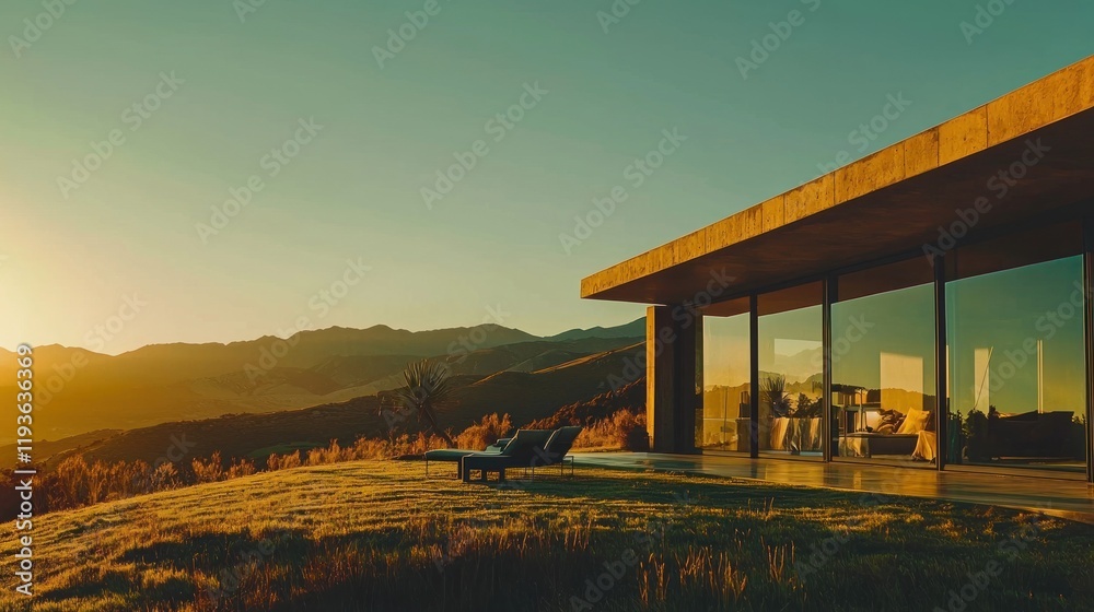 Modern house with glass walls overlooking sunset mountains. Modern house with glass walls overlooking sunset mountains.