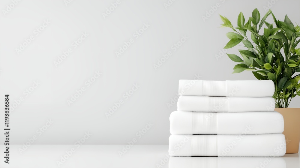 Obraz premium White stack of towels is on a table next to a plant