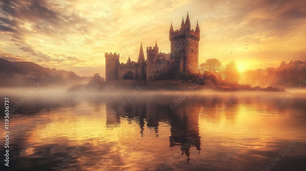 Fototapeta premium Majestic castle on a misty lake at sunset.
