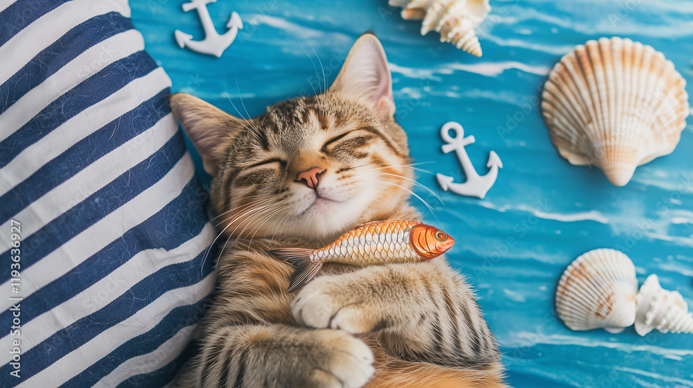 Obraz premium sleepy tabby cat curled around its favorite sardine toy